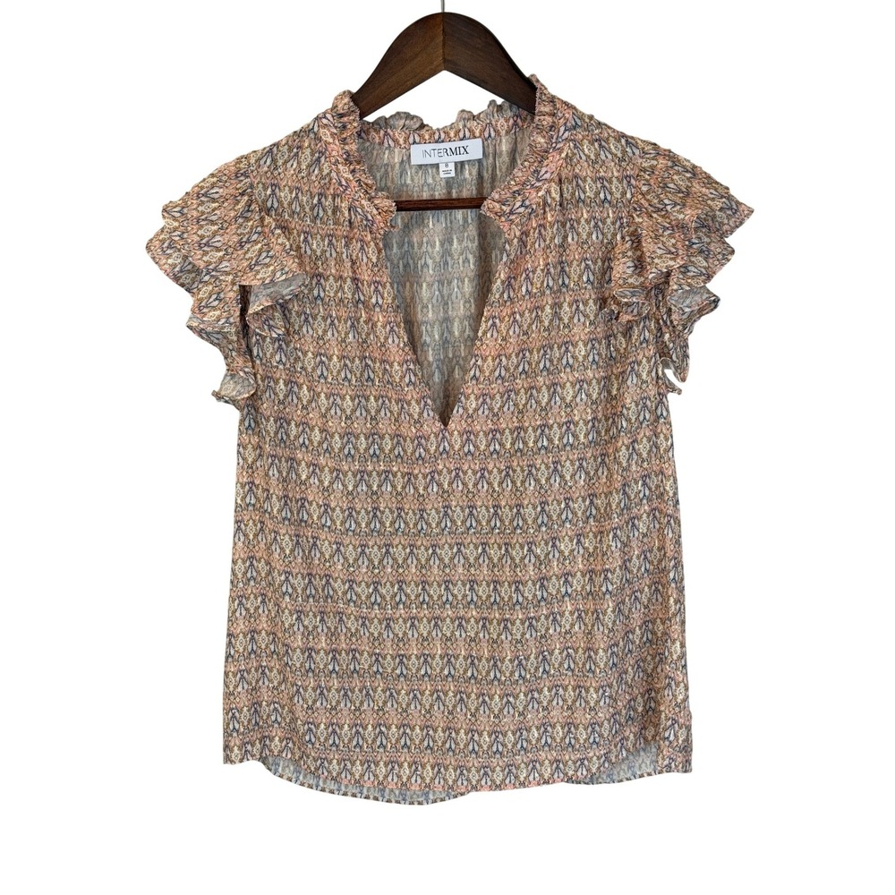 INTERMIX Valora Ruffled Fil Coupe‎ Silk Blend Top Size 8 Boho Ruffle
